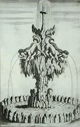 Suihkulähde koirineen, Georg Andreas Bocklerin (1617-85) "Architectura Curiosa Nova", julkaistu 1704 (kaiverrus).