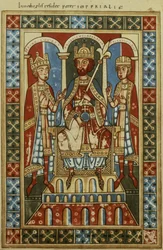 Frederick I kahden poikansa, kuningas Henrik VI:n ja herttua Frederickin kanssa, n. 1180
