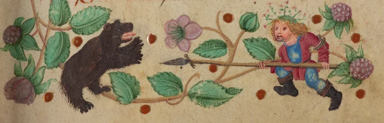 Garlanded Hunter jalkaisin keihäämässä karhua, n. 1475-1485
