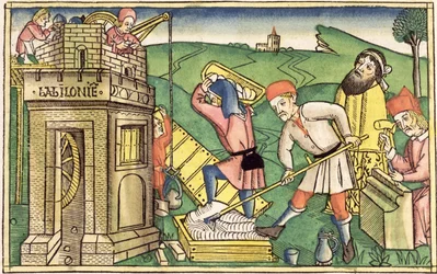 Genesis 11 1-9 Baabelin tornin rakentaminen, Nürnbergin Raamatusta (Biblia Sacra Germanaica) (värillinen puupiirros)