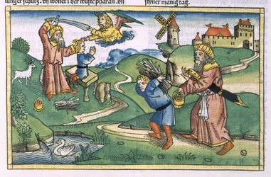 Mooseksen kirja 21 1-14 Abrahamin uhrilahja Iisakin, Nürnbergin Raamatusta (Biblia Sacra Germanaica) (värillinen puupiirros)