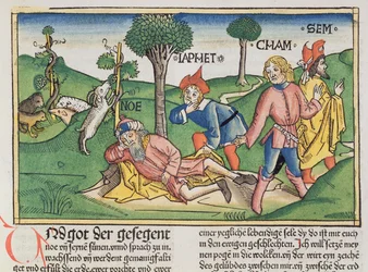 Ensimmäinen Mooseksen kirja 9:20-27: Nooan pojat Seem, Ham ja Jafet peittävät hänet viitalla, Nürnbergin Raamatusta (Biblia Sacra Germanica)