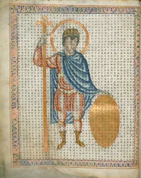 Harley 3045 fol.2 Keisari Ludvig I, hurskas, pitelee ristiä ja kilpiä, teoksesta "De Laudibus Sancte Crucis", n. 1170-1179 (vellum);