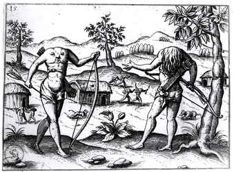 Päättömät miehet ja naiset, piirros Sir Walter Raleighin Guyana-kertomuksesta, julkaistu Nürnbergissä, 1599