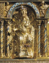 Henrik II (973-1024 tunnetaan myös nimellä Pyhä Henrik, Pyhän Rooman keisari, yksityiskohta keisari Kaarle Suuren pyhäköstä (742-814) 1215 (kulta- ja champleve-emali)