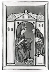 Hildegard Bingenistä vastaanottamassa valoa taivaasta, n. 1151 (vellum) (valkoinen kuva)