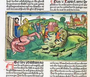 I Samuel 5:1-11 Filistealaiset valtaavat arkin ja rutto iskee Nürnbergin Raamatusta (Biblia Sacra Germanaica) (värillinen puupiirros)