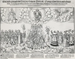 Kuva Martti Lutherin hymnistä, jossa pyydetään Jumalan apua paavin tappavaa työtä vastaan