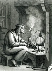 Goethes Faustin kuvitus, joka kuvaa Mefistofelesta luomassa homunculusta, 1854