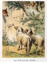 Kuva Franz Hoffmannin tarinoista "" Tarinoita ja taruja - Susi ja lammas"": susi keskustelee kahden lampaan kanssa. 1800-luvun kromolitografia.