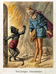 Kuva Franz Hoffmannin tarinoista "" Tales et Fables - Le joyful little tailor"". 1800-luvun kromolitografia.