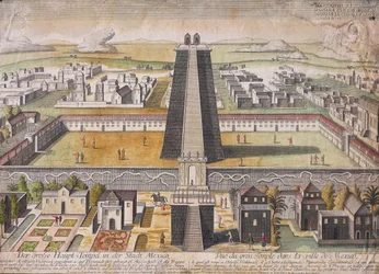 Päätemppelin (Templo Mayor) kuvitteellinen jälleenrakennus Mexico Cityssä (värillinen kaiverrus)