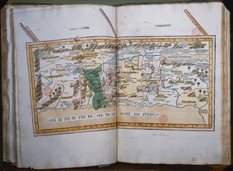 Inc. 425 Pyhän maan kartta, joka perustuu Cosmographicassa annettuihin kuvauksiin ja koordinaatteihin, Ptolemaios (Claudius Ptolemaios Aleksandrialainen) (n. 90-168 jKr.), julkaissut Ulmissa, Saksassa, Johann Reger fo