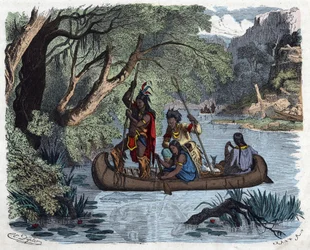 Intiaanit kalastavat kanootilla joella Amerikassa. Teoksessa "" Wenn Jemand eine Reise thut, so kann er was erzahlen"" (Kun joku matkustaa, tämän hän osaa kertoa), Franz Wiedemannin saksalainen tarina