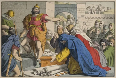Judas Maccabeus Masphassa, kuvitus LAncien Testamentista, julkaisija Jakob Ferdinand Schreiber, Esslingen (värikaiverrus)