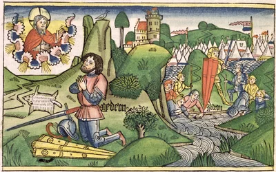 Tuomarit 6 36 Gideon nostaa fleecen, Nürnbergin Raamatusta (Biblia Sacra Germanaica) (värillinen puupiirros)