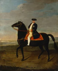 Kuningas Frederick William I hevosen selässä Potsdam taustalla, n.1735