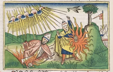 Mooseksen kirja 10 1-2 Nadab ja Abihu uhraavat epäpyhää tulta ja kuolevat, Nürnbergin Raamatusta (Biblia Sacra Germanaica) (värillinen puupiirros)