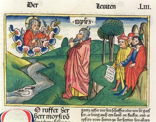 Mooseksen kirja 1 1-7 Uhrien laki, Nürnbergin Raamatusta (Biblia Sacra Germanaica) (värillinen puupiirros)