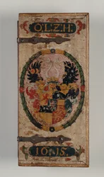 Prinssi Otto von Hessen varsijousipulttilaatikon kansi, 1615 (maalattu puu) (katso myös 312140-43)