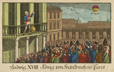 Ludvig XVIII Ranskan kuningas Pariisissa, pub. 1814 (käsinvärinen kaiverrus)