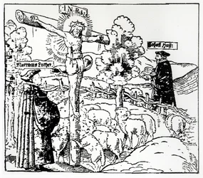 Luther (1483-1546) ja Hus (1369-1415) Kristuksen kanssa lammastarhassa, n. 1520-21