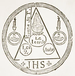 Magic Circle, kopio tohtori Faustensin Dreyfacher Hollenzwangin kuvituksesta, Passau 1407, jäljennös Das Kolster Vol V, kirjoittaja J Scheible, 1845, käytetty historiassa Magic, julkaistu 1800-luvun lopulla.