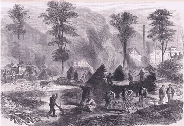 Hiilen valmistus ruutia varten, Cassells History of the War of the France ja Saksa, julkaisija Cassell and Company Limited, n. 1890 (litho)