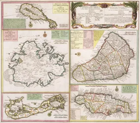 Kartta Englannin siirtomaista Karibialla, pubi. kirjoittanut Homanns Heirs, Nürnberg, n. 1750 (katso lisätietoja numerosta 101837-38)