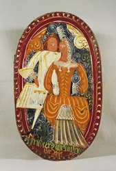 Marsipaanilaatikko, joka kuvaa miestä ja naista, n. 1660 (maalattu puu)