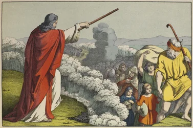 Mooses jakaa Punaisenmeren vedet, kuvitus LAncien Testamentista, julkaisija Jakob Ferdinand Schreiber, Esslingen (värikaiverrus)
