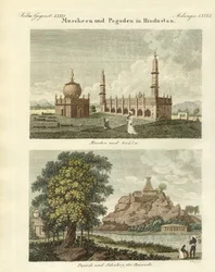 Moskeijat ja pagodit Hindustanissa (värillinen kaiverrus)