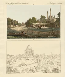Uusi ja vanha Delhi (värillinen kaiverrus)