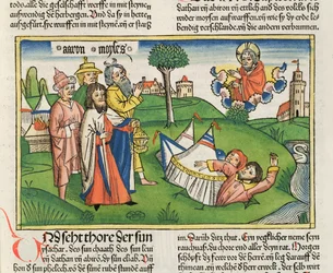 Numero 16 32 Maa nielee kapinalliset Datanin ja Abiramin, Nürnbergin Raamatusta (Biblia Sacra Germanaica) (värillinen puupiirros)