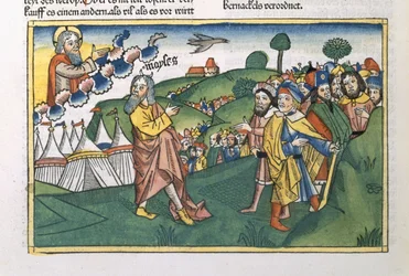 Numerot 1 1-20 Valmistautuminen matkalle Siinain vuorelta, Nürnbergin Raamatusta (Biblia Sacra Germanaica) (värillinen puupiirros)