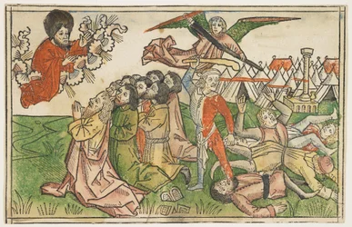 Israelin kansaa rangaistiin väärien jumalien palvomisesta noin vuonna 1478, Koberger Bible, Nürnberg, 1483 (käsinvärinen puupiirros)