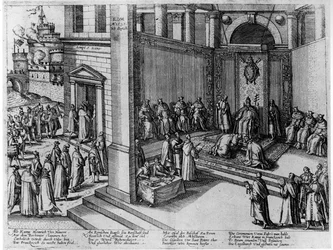 Paavi Klemens VIII hyväksyy Ranskan kuninkaan Henri IV:n esityksen St. Petersissä 23. syyskuuta 1595