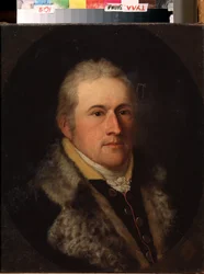 ""Aachenin Clemensin muotokuva"" Merkittävän luultavasti tai saksalaisen porvarin muotokuva. Hänellä on turkiskaulus. 1800-luvun saksalaisen koulukunnan maalaus. Valtion taidemuseo, Tula, Venäjä