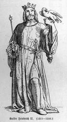 Pyhän Rooman valtakunnan kuninkaan Frederic II Hohenstaufenin (1194-1250) muotokuva. Kaiverrus "" Kaiser, Konig und Papft" - kirjoittaja Richard Roth