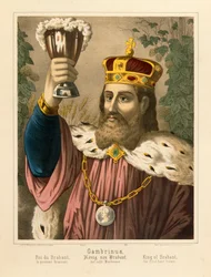 Flanderin legendaarisen kuninkaan Gambrinuksen muotokuva, F.C.:n julkaisema kuvalehti. Wentzel, Weissenburg, 1870