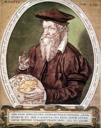 Gerhard Kremerin muotokuva Gerardus Mercatorista (1512-1594). Atlasin ensimmäisen painoksen väärä otsikko.