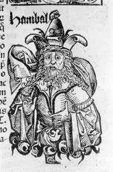 Muotokuva Hannibalista tai Hannibalista (247 eKr. - 183 eaa.), karthagolainen kenraali ja valtiomies - Hartmann Schedelin Nürnbergin teoksessa Liber chronicarum