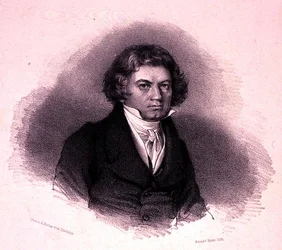 Ludwig van Beethovenin (1770-1827) muotokuva, kaiverrus Faustin Herr (litho)