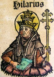 Paavi Hilariuksen muotokuva, julkaistu Nürnberg Chroniclessa, 1493