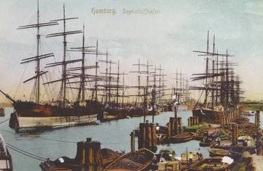 Postikortti Hampurin purjelaivasatamasta, n. 1900 (värillinen kuva)