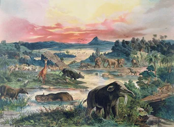 Esihistoria - tertiäärikausi - Euroopan luonnonympäristön ja joidenkin tämän kauden eläinten rekonstruktio, 1886
