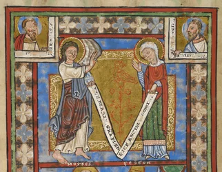 Psalterin fragmentti "Psalter of Henry the Lion", f.7v, yksityiskohta Annunciation kanssa, n. 1168-89 (pergamenttikoodi)
