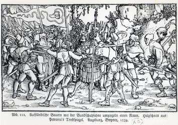 Kapinalliset talonpojat ritari ympärillä, Petrarchin Trostspiegelin kuvituksesta, 1539