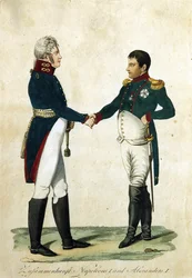 Napoleonin (1769-1821) ja tsaari Aleksanteri I:n (1777-1825) tapaaminen. (Napoleonin ja Aleksanteri I:n tapaaminen). Nimetön työ, kaiverrus ja akvarelli