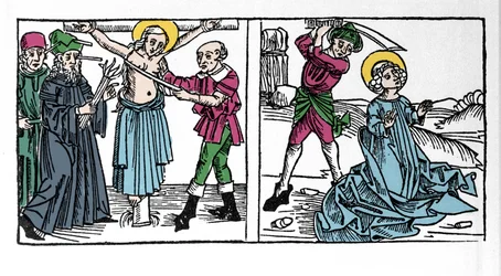 Kuvaus 2. vuosisadan kristityn Pyhän Serafian (Serapia) marttyyrikuolemasta (Seraphia of Syria). Kaiverrus "Leben der Heiligen - sommerteil" (pyhimysten kirja), jonka on kirjoittanut Jacobus (James) Voragine (1228-1298). Lyypekki 1488.